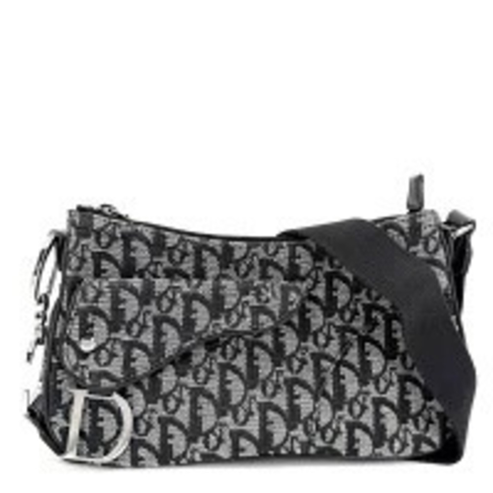Christian Dior Trotter Saddle Bag Oblique Canvas Leather Crossbody Bag Black